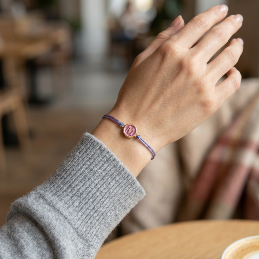 Geflochtenes Macramé Armband mit deinem Wunschbuchstaben. Lila metallic - Personalisiert - in mehreren Farben erhältlich